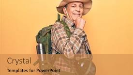  Presentation with canteen - PPT layouts enhanced with senior-man-with-grey-hair background and a gold colored foreground