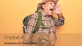  Presentation with canteen - Slide deck with senior-man-with-grey-hair background and a coral colored foreground