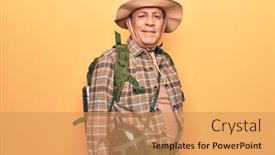  Presentation with canteen - PPT theme enhanced with senior-man-with-grey-hair background and a coral colored foreground