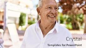  Presentation with happy retirement - Presentation design enhanced with senior-man-with-grey-hair background and a sky blue colored foreground