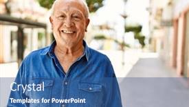  Presentation with happy retirement - PPT theme having senior-man-with-grey-hair background and a ocean colored foreground