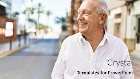  Presentation with happy retirement - PPT layouts featuring senior-man-with-grey-hair background and a white colored foreground