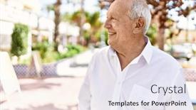  Presentation with happy retirement - PPT layouts with senior-man-with-grey-hair background and a sky blue colored foreground