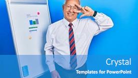  Presentation with five business people standing together and smiling - Presentation theme featuring senior-man-with-grey-hair background and a  colored foreground