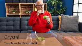  Presentation with eating - PPT theme enhanced with senior-man-with-grey-hair background and a coral colored foreground