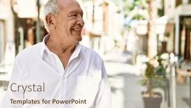  Presentation with happy retirement - PPT theme enhanced with senior-man-with-grey-hair background and a cream colored foreground