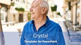  Presentation with happy retirement - Slide set enhanced with senior-man-with-grey-hair background and a teal colored foreground