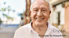 Presentation with happy retirement - Presentation design featuring senior-man-with-grey-hair background and a coral colored foreground