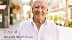  Presentation with happy retirement - Presentation design featuring senior-man-with-grey-hair background and a sky blue colored foreground