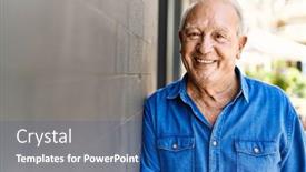  Presentation with happy retirement - PPT layouts consisting of senior-man-with-grey-hair background and a ocean colored foreground