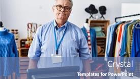  Presentation with boutique - PPT theme having senior-man-with-grey-hair background and a teal colored foreground