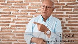  Presentation with forefinger - PPT layouts featuring senior-man-with-grey-hair background and a coral colored foreground
