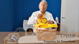 Presentation with looking glass - Presentation design featuring senior-man-with-grey-hair background and a coral colored foreground