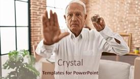  Presentation with virtual hand - Presentation design enhanced with senior-man-with-grey-hair background and a mint green colored foreground