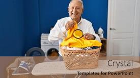  Presentation with looking glass - Presentation having senior-man-with-grey-hair background and a coral colored foreground
