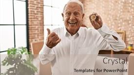  Presentation with bitcoin - PPT layouts enhanced with senior-man-with-grey-hair background and a mint green colored foreground