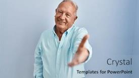  Presentation with blue handshake - PPT theme consisting of senior-man-with-grey-hair background and a light blue colored foreground