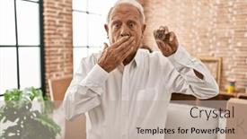  Presentation with virtual hand - Presentation theme enhanced with senior-man-with-grey-hair background and a mint green colored foreground