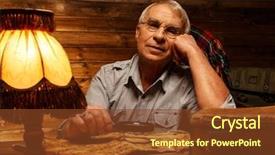  Presentation with map vintage - Presentation theme consisting of senior man with magnifier looking at vintage map in homely wooden interior background and a tawny brown colored foreground
