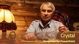  Presentation with map vintage - Slide set featuring senior man with magnifier looking at vintage map in homely wooden interior background and a red colored foreground