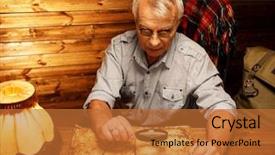  Presentation with map vintage - Slides consisting of senior man with magnifier looking at vintage map in homely wooden interior background and a red colored foreground