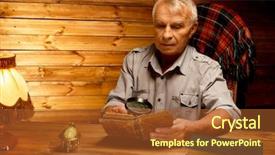  Presentation with vintage book - Cool new PPT theme with senior man with magnifier reading vintage book in homely wooden interior backdrop and a red colored foreground