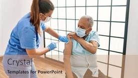  Presentation with covid vaccine - Presentation theme having senior-man-with-safety-mas background and a coral colored foreground