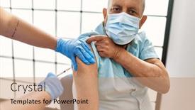 Presentation with covid vaccine - PPT theme featuring senior-man-with-safety-mas background and a coral colored foreground