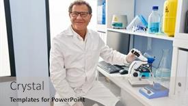  Presentation with laboratory - Slide deck with senior-man-working-at-scientist background and a light gray colored foreground