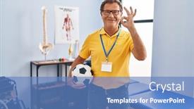  Presentation with physiotherapy - Presentation theme featuring senior-man-working-at-sport background and a teal colored foreground