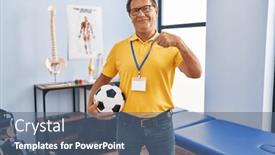  Presentation with physiotherapy - PPT theme consisting of senior-man-working-at-sport background and a ocean colored foreground