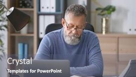  Presentation with teachers working around a table - Presentation theme having senior man working at table in office background and a ocean colored foreground