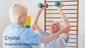  Presentation with senior fitness - Audience pleasing PPT theme consisting of senior man working out with his therapist in fitness studio backdrop and a light blue colored foreground