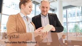  Presentation with news - Presentation having senior-manager-and-young-business background and a coral colored foreground