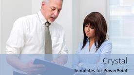  Presentation with secretary - Beautiful presentation design featuring senior manager explaining things to his young new colleague secretary backdrop and a light blue colored foreground