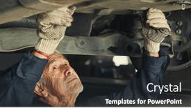  Presentation with mechanical engineering car spring - Slides with senior-mechatronics-engineer-inspecting-car background and a dark gray colored foreground