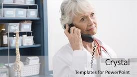  Presentation with cabinet - Audience pleasing presentation theme consisting of senior medical practitioner stands on phone at medical cabinet backdrop and a light gray colored foreground