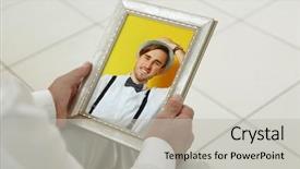  Presentation with memories - Presentation theme consisting of senior men remembering youth - male hands holding photo frame background and a  colored foreground