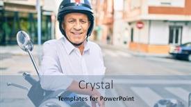 Presentation with moto - Beautiful PPT theme featuring senior-motorcyclist-man-smiling-happy backdrop and a light blue colored foreground