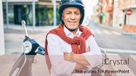  Presentation with moto - Presentation design having senior-motorcyclist-man-smiling-happy background and a coral colored foreground