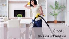  Presentation with old house - Cool new slides with senior old woman tired after vacuum cleaning house backdrop and a light gray colored foreground