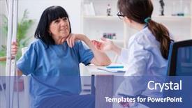  Presentation with incident - Audience pleasing slides consisting of senior patient - doctor examining old mature woman backdrop and a ocean colored foreground