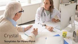  Presentation with medical desk - Slides consisting of senior-patient-filling-in-medical background and a mint green colored foreground