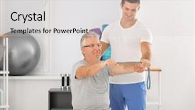  Presentation with physiotherapist - Theme featuring senior patient in modern clinic background and a light gray colored foreground
