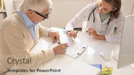  Presentation with medical clipboard - Amazing presentation having senior-patient-with-pen-pointing backdrop and a soft green colored foreground