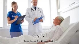  Presentation with nurse care - Presentation having senior patient woman at hospital background and a light gray colored foreground