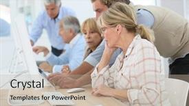  Presentation with people - Slide deck enhanced with senior people attending computing class background and a  colored foreground