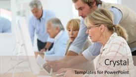  Presentation with group of people silhouettes walking - Presentation theme consisting of senior people attending computing class background and a  colored foreground