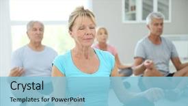  Presentation with big group people - Slide set featuring senior people doing yoga background and a light blue colored foreground