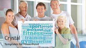  Presentation with senior fitness - Slide deck with senior people group holding fitness background and a light blue colored foreground